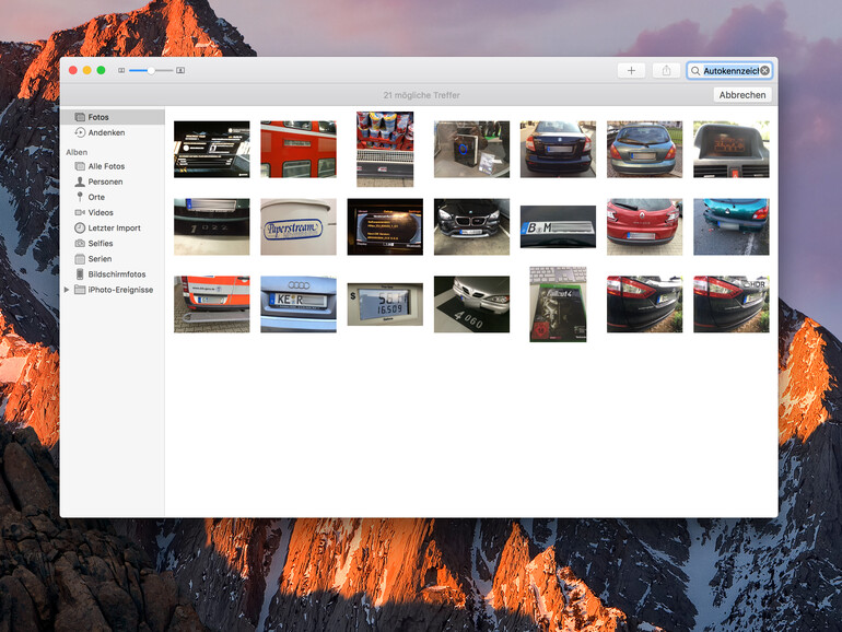 Fotos-App in macOS Sierra erkennt viele Gegenstände, beispielsweise Autokennzeichen. Manchmal liegt die Erkennung aber auch daneben.