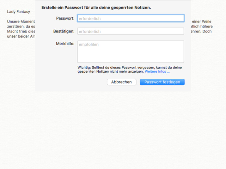 Passwort für Notizen auswählen