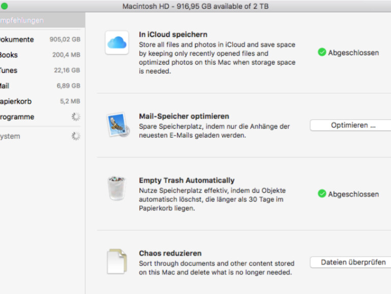 Optimierungsvorschläge in Systeminformationen