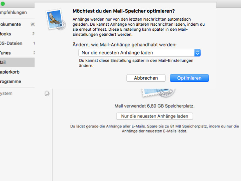 Auswahlmenü für den Download von E-Mail-Anhängen in Mail