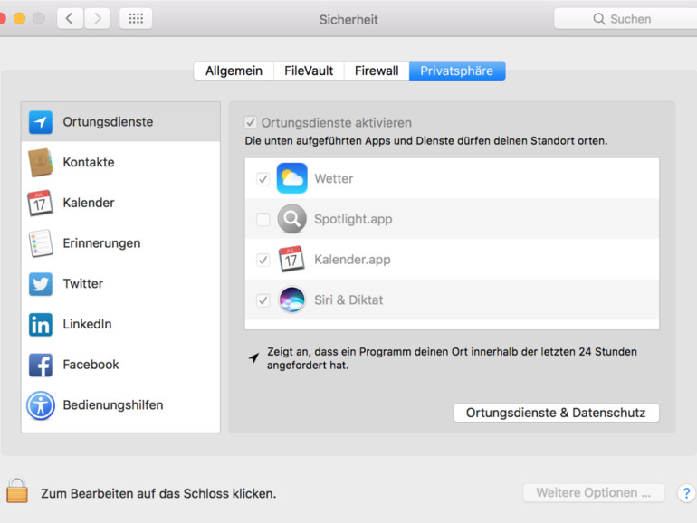 Systemeinstellungen &gt; Sicherheit &gt; Privatsphäre
