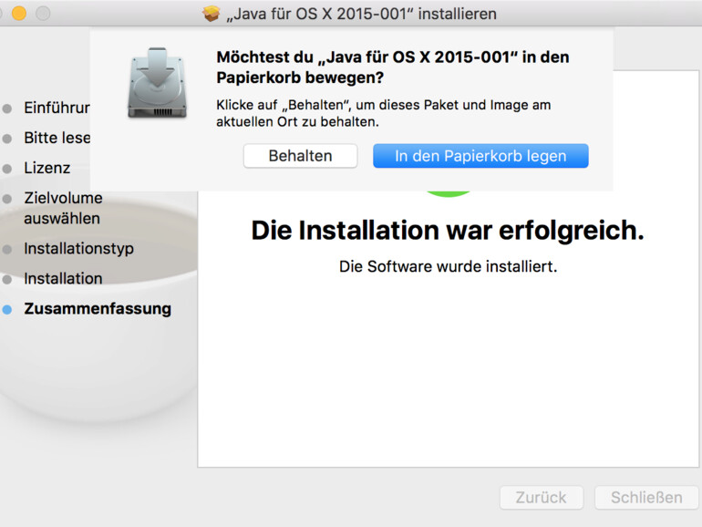 Installationsdialogfenster von Java, am Ende der Installation