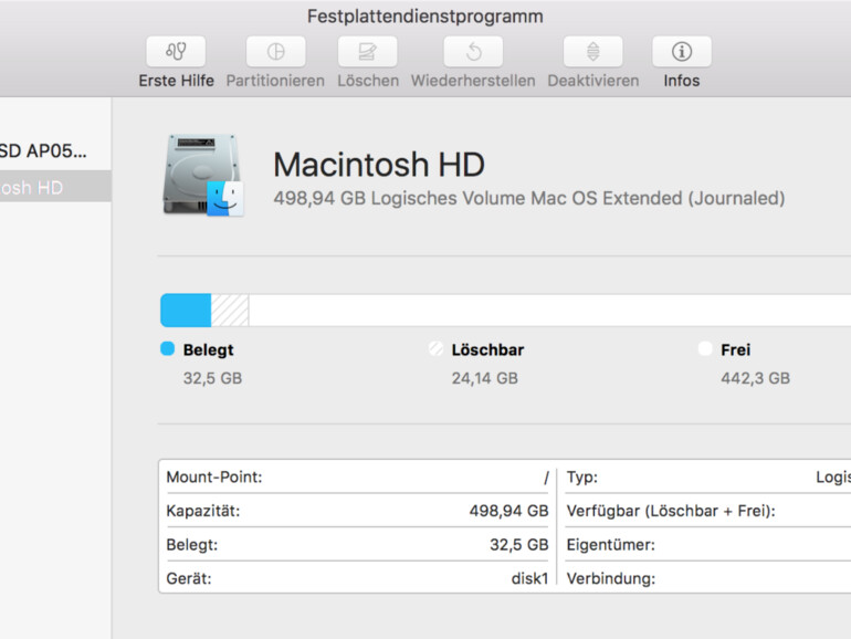 Festplattendienstprogramm in macOS Sierra zeigt löschbaren Speicher