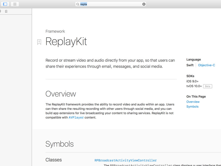 API-Referenz zu ReplayKit in Xcode 8