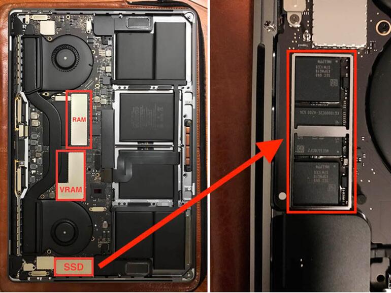 MacBook Pro 15 Zoll von innen mit gelöteter SSD