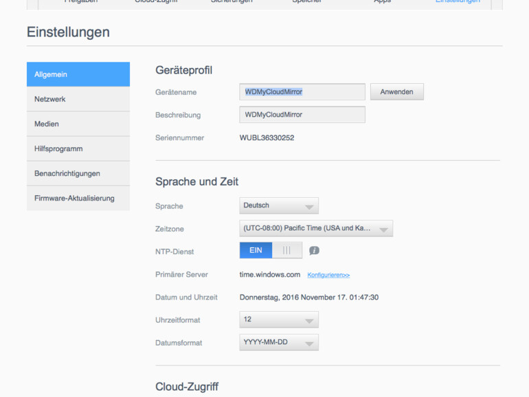 Der Bereich Einstellungen ist für die Uhrzeit auf dem NAS wichtig. Wer mag, ändert den Gerätenamen…