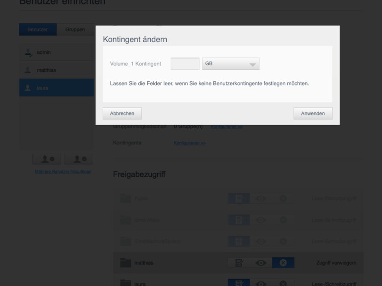 6. Als Admin kannst Du jedem Nutzer ein Daten-Kontingent vorgeben