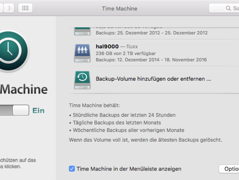 Im Kontrollfeld Time Machine klickst Du die Schaltfläche Backup-Volume hinzufügen ...