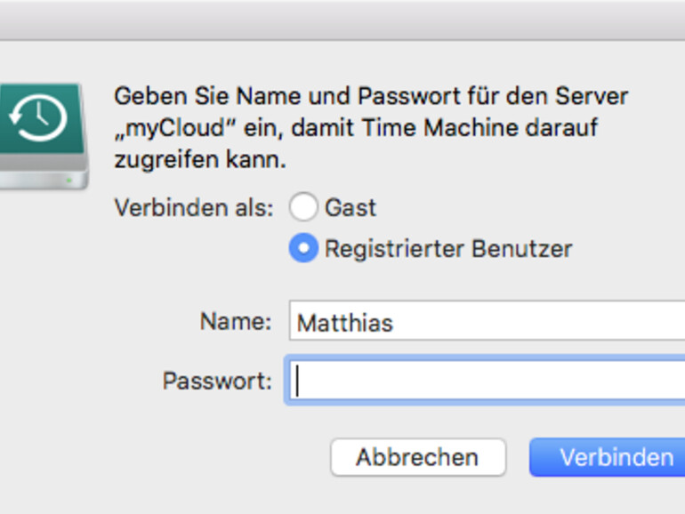 Nun erfolgt die Anmeldung für Time Machine