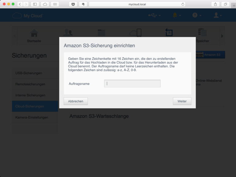 Mittels Access-Token von Amazon wird die S3-Sicherung bei Amazon eingerichtet