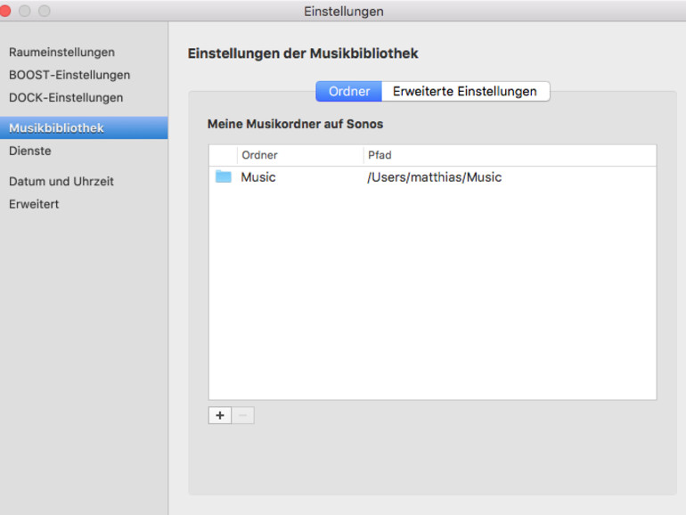 Einstellungen der Musikbibliothek: Über die Schaltfläche + fügst Du einen weiteren Musikordner hinzu