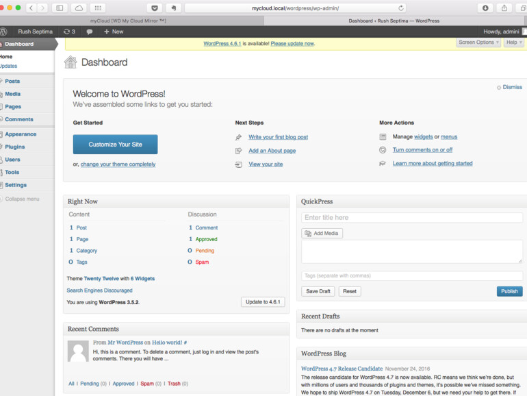 Nach der Konfiguration findet man sich im Dashboard von Wordpress 3.5.2 wieder
