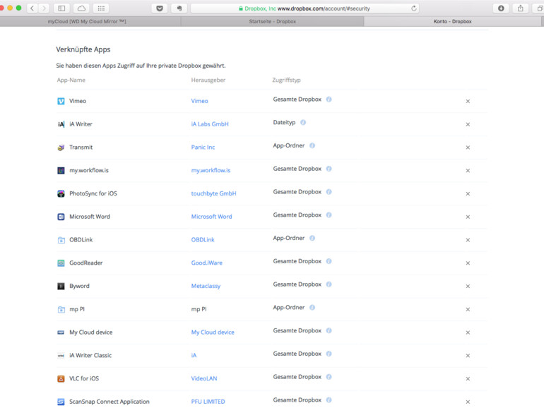 Bei dropbox.com erscheint WD My Cloud Mirror als verknüpfte App mit vollem Zugriff auf Dropbox