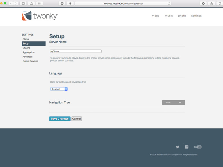 Das Interface von Twonky ist intern erreichbar auf Port 9000. Die URL sieht dann so aus mycloud.local:9000