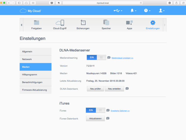 Dazu gehören auch die Einstellungen im Bereich Einstellungen und Medien im Admin-Browser auf dem WD-NAS
