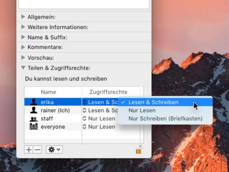 Rufen Sie den Befehl Informationen im Finder auf, können Sie im untersten Punkt „Teilen & Zugriffsrechte“ festlegen, wer was mit einem Objekt anstellen darf. Mit „+“ fügen Sie der Zugriffsliste Benutzer hinzu.