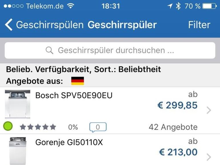 Screenshot der Geizhals-App