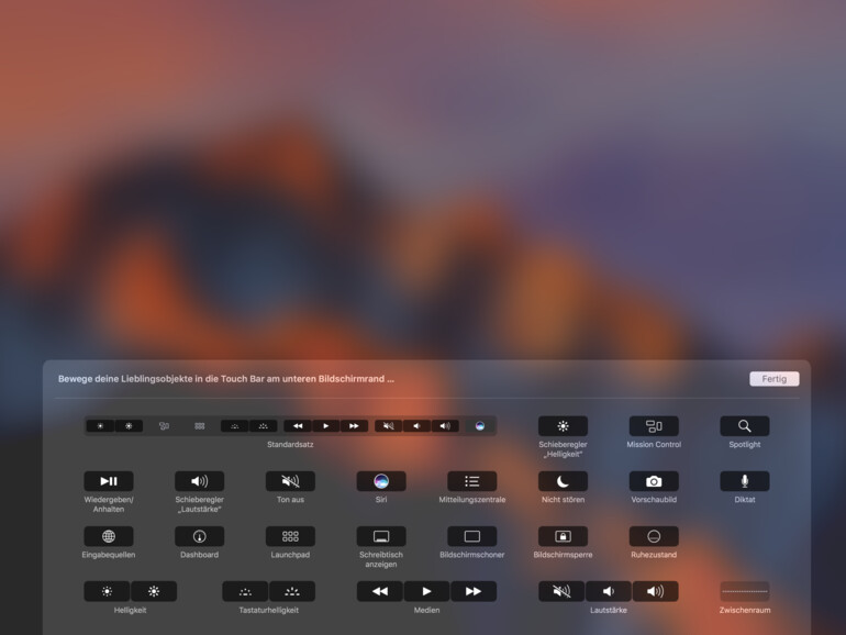 Einstellungen für den Control Strip, erweitert