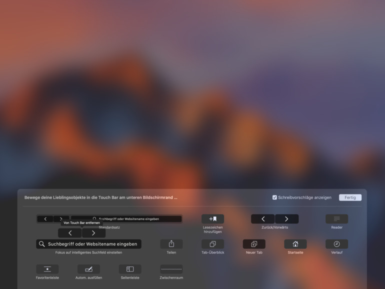 Item aus Touch Bar entfernen, hier: Safari