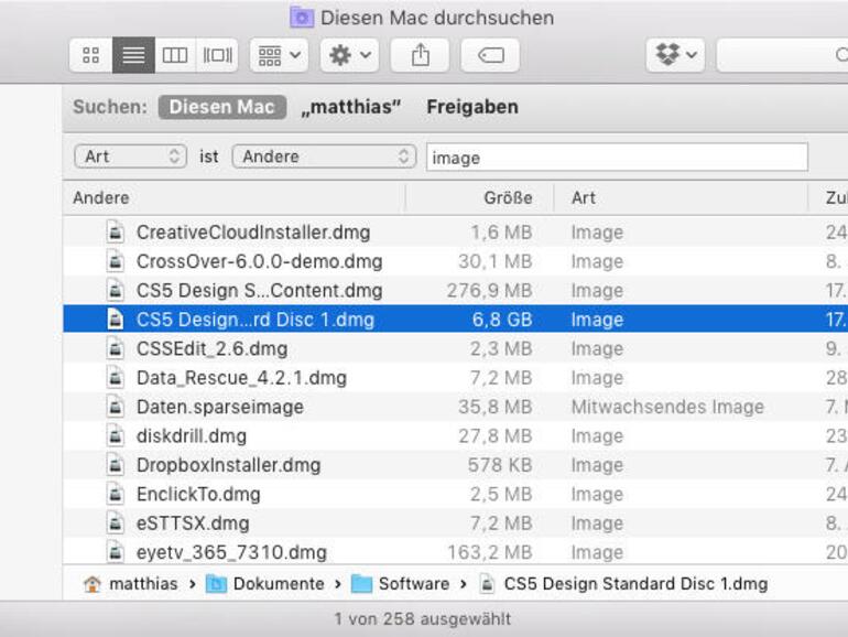 Die Suche hilft beim Aufspüren bestimmter Dateiarten, zum Beispiel platzfressender alter Image-Dateien.