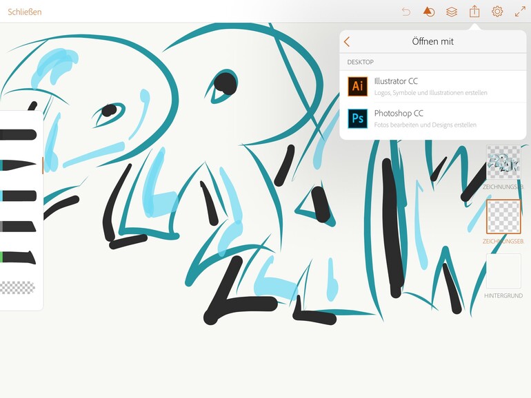 Fertige Zeichnungen und Skizzen können über den Teilen-Dialog an andere Programme, beispielsweise natürlich Illustrator und Photoshop gereicht werden.