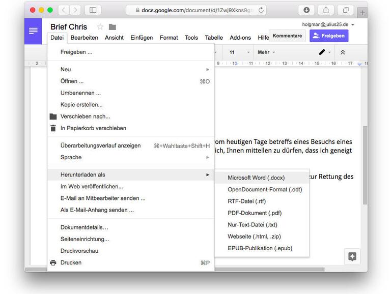 Die Web-Apps wie hier Google Docs können, obwohl sie innerhalb des Webbrowsers laufen, recht gut mit echten Programmen mithalten. Dabei ist auch der Im- und Export von Office-Formaten kein Problem.
