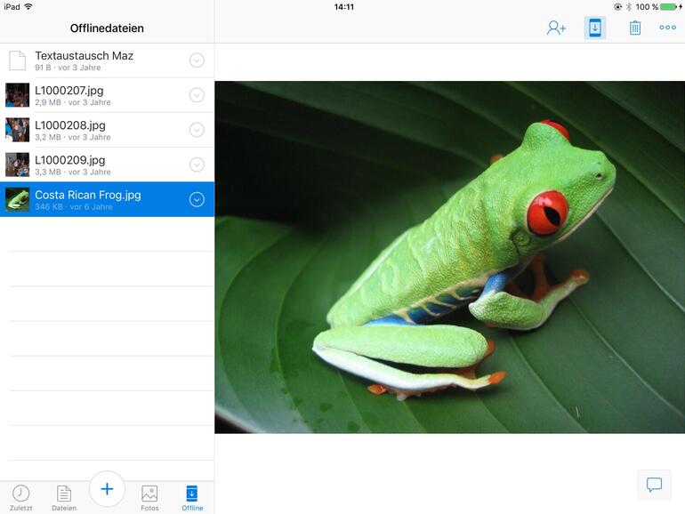 Unter iOS werden Dateien nicht automatisch geladen, um Platz zu sparen. Einzelne Dateien lassen sich aber offline verfügbar machen, indem sie in den privaten Speicher-bereich der Dropbox-App geladen werden.