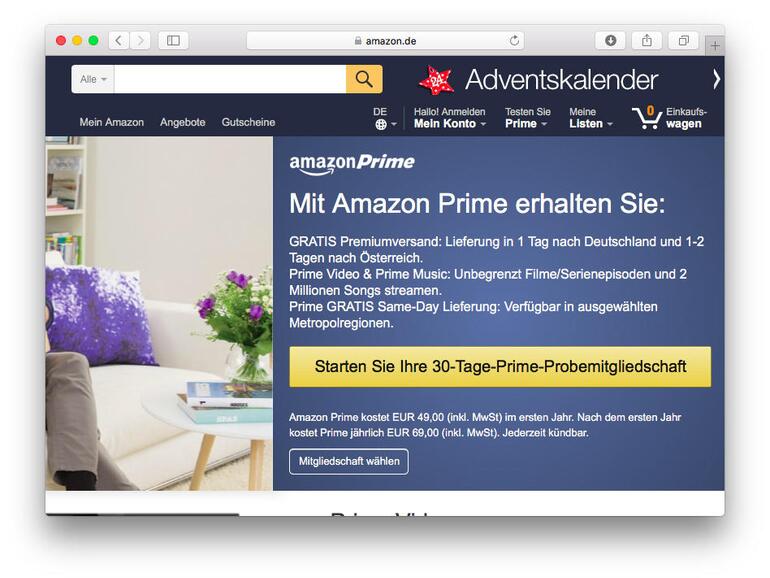 Bei Amazon gibt es keinen kostenlosen Account, aber immerhin einen Testzeitraum. Wer vor Februar bucht, bekommt noch ein Jahr lang den alten Preis von 49 Euro.