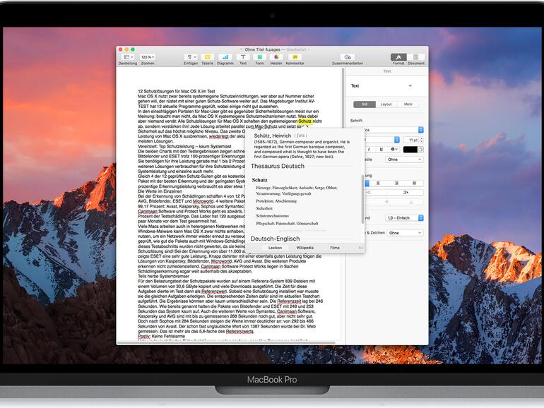 Pages greift oft auf Systemfunktionen zurück – so muss man für die Suche nach Synonymen das macOS-Lexikon aufrufen.