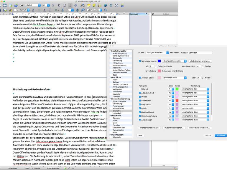 Papyrus bietet nicht nur die beste Rechtschreibprüfung im Test, auch Stilfehler bemängelt die Textverarbeitung für Autoren.