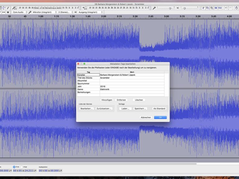 Audacity ermöglicht die Auszeichnung der aufgenommenen Titel mithilfe von Metadaten. Dadurch können Sie zum Beispiel den Künstler sowie den Song- und Albumtitel festlegen, um diese Daten auch bei einer Dateiwandlung zu erhalten.