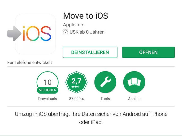Move to iOS finden Sie im Google Play Store zum kostenfreien Download.