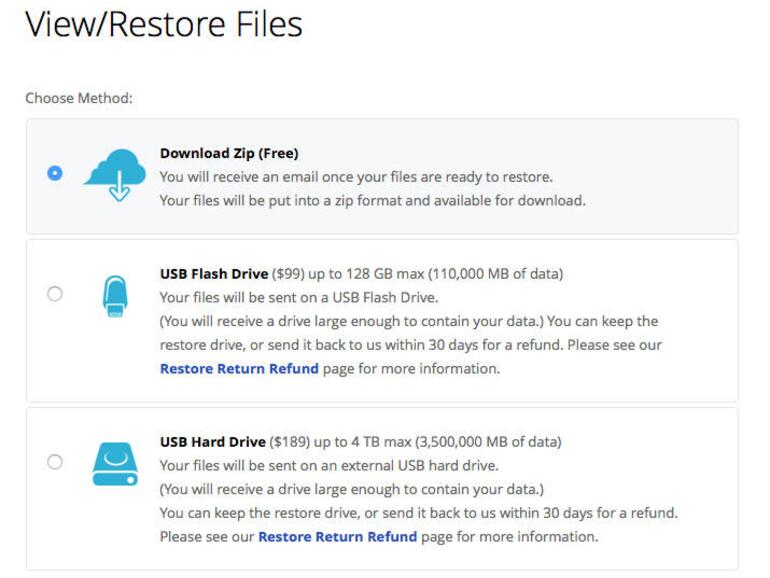 Ein Alleinstellungsmerkmal von Backblaze ist die Zusendung der gesicherten Daten auf einem USB-Stick oder einer Festplatte per FedEx.