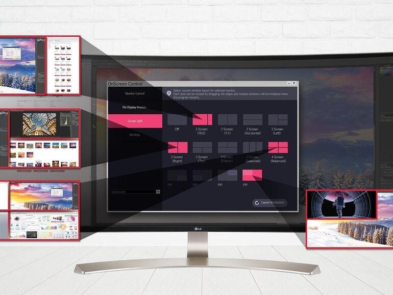 Mit der OnScreen-Control-Software wählen Sie zwischen 14 Split-Screens. Eigene Presets lassen sich speichern und automatisch mit einer Anwendung laden.