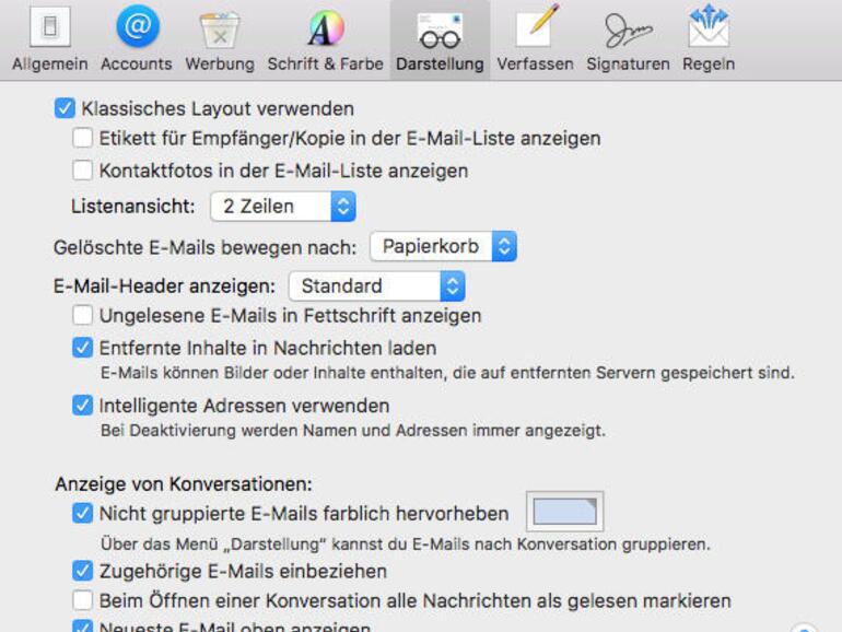 Auf Wunsch stellen Sie Apple Mail in den Einstellungen auf das klassische Layout um.