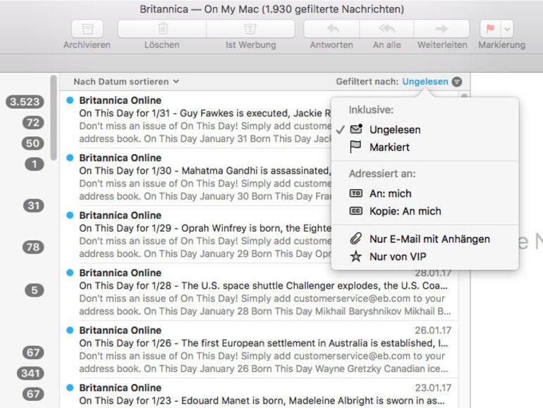 Unter macOS Sierra erhielt Apple Mail eine neue Filterfunktion.