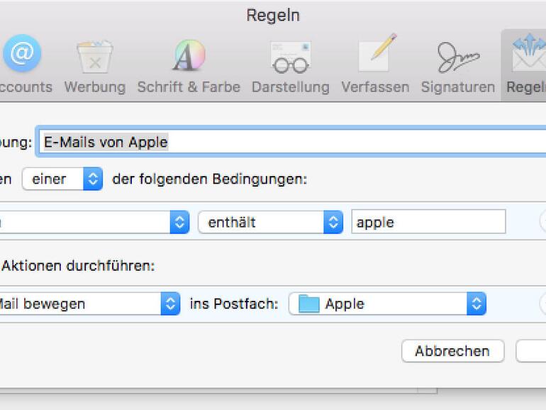 Unter Apple Mail bewältigen Sie mit „Regeln“ die E-Mail-Flut.