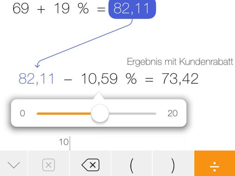 Berechnungen und Graphen lassen sich frei anordnen. Ergebnisse lassen sich übernehmen und Werte per Schieberegler anpassen.
