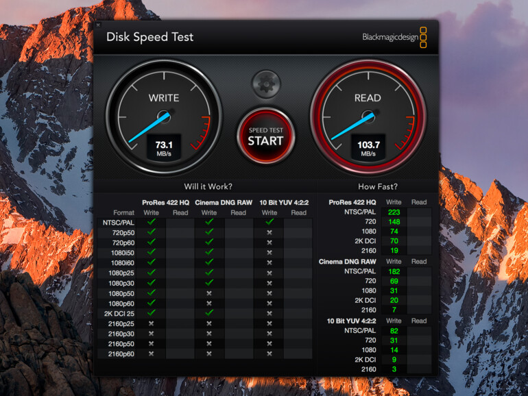 WD My Cloud Mirror: Geschwindigkeitstest mit BlackMagic Disk Speed Test - die Kapazität des Gigabit-Netzwerks wird fast komplett ausgenutzt
