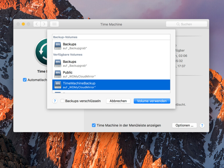 WD My Cloud Mirror: Auswahl als Time-Machine-Volume