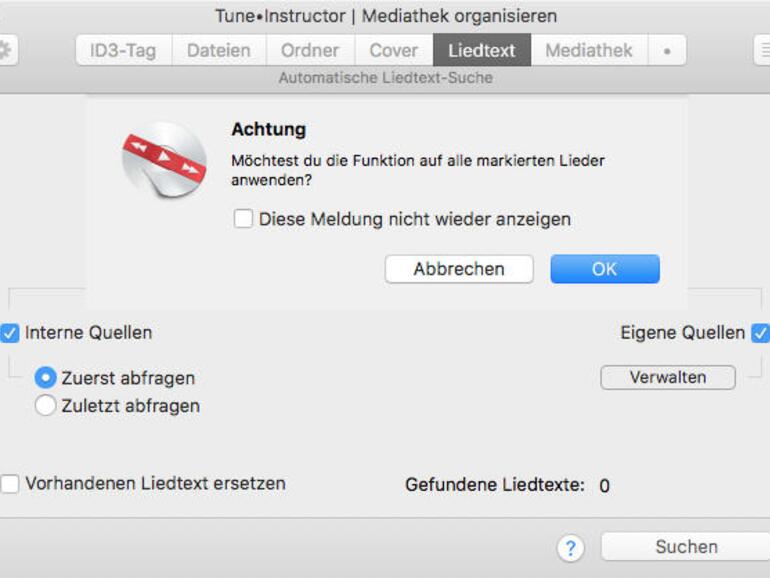 Die Donation-Ware Tune•Instructor ist eng mit iTunes verzahnt und kann sowohl ID3-Tags als auch Dateinamen korrigieren und Texte importieren.