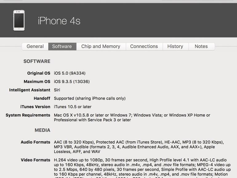 In der Zeile „Maximum OS“ zeigt die App Mactracker an, ob Sie ein Gerät auf die aktuelle iOS-Version aktualisieren können.
