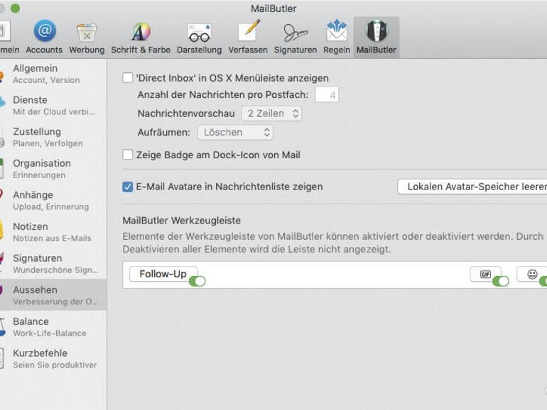Screenshot zeigt MailButtler-Funktionen