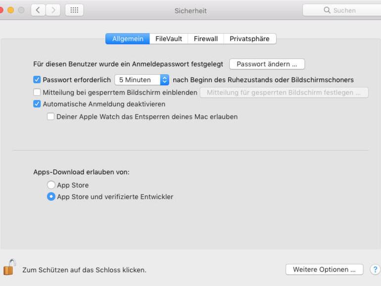 Systemeinstellungen &gt; Sicherheit &gt; Allgemein