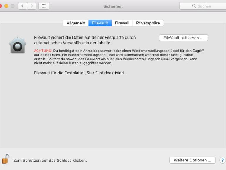 Systemeinstellungen &gt; Sicherheit &gt; Filevault