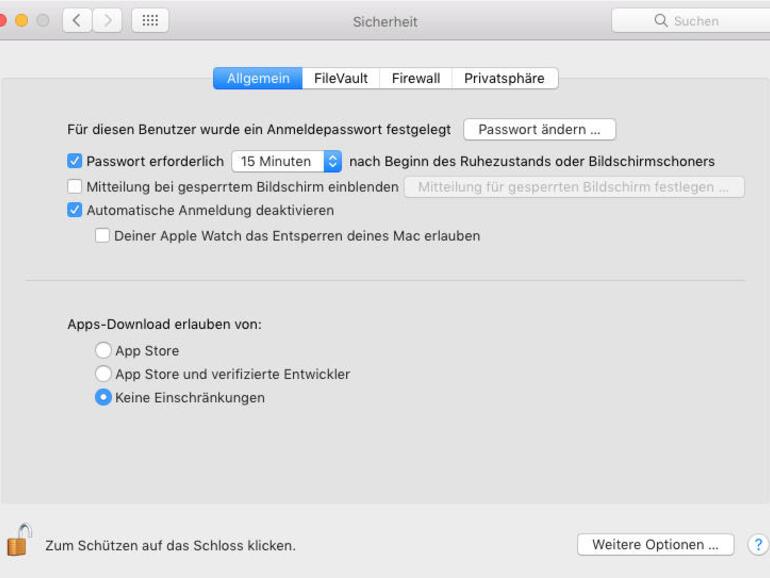 Systemeinstellungen &gt; Sicherheit &gt; Allgemein