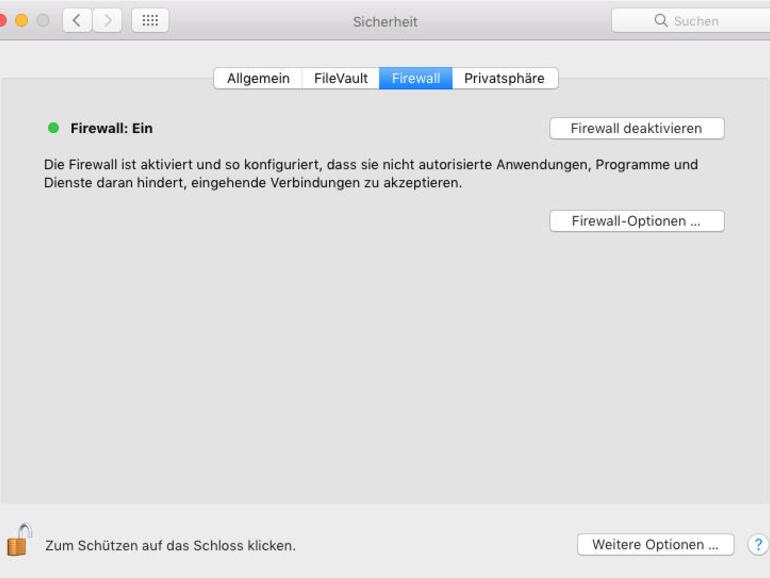 Systemeinstellungen &gt; Sicherheit &gt; Firewall