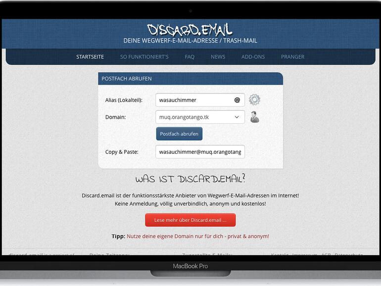 Webseite von DiscardEmail auf dem MacBook