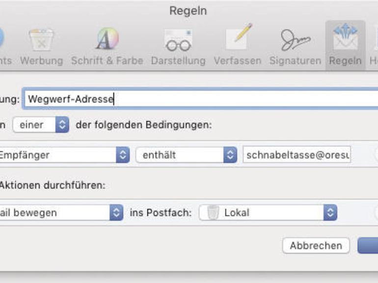 Mithilfe einer Regel erkennt Apple Mail an bestimmte Adressen gerichtete Nachrichten und befördert diese automatisch in einen Papierkorb.