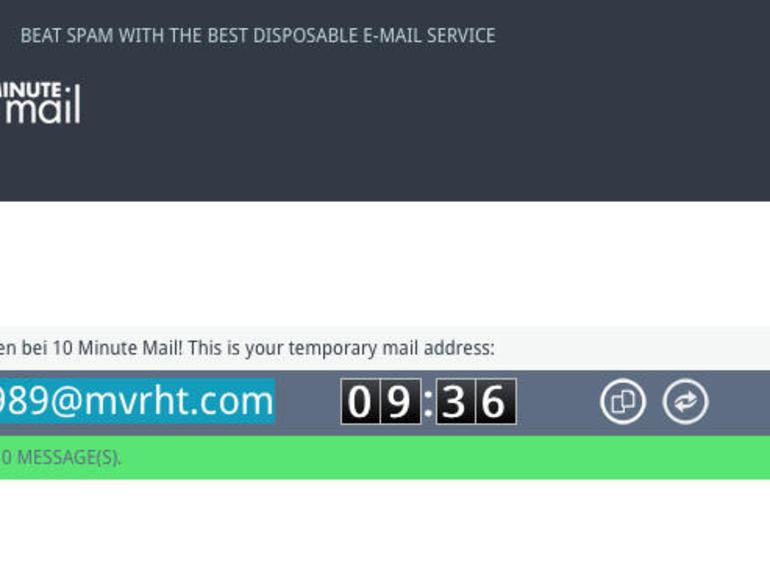 Die Wegwerfadresse generiert „10minutemail“ automatisch beim Aufruf der Seite. Kopieren Sie diese und verwenden Sie sie, wo sie wollen. Nach zehn Minuten wird die Adresse allerdings automatisch ungültig.